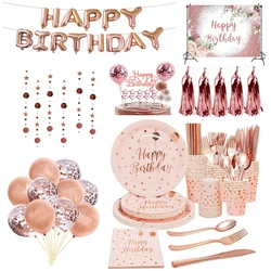 Rose Gold Birthday Party Decorations Disposable Tableware Paper Plates Cup Girls Rose Gold Party Supplies