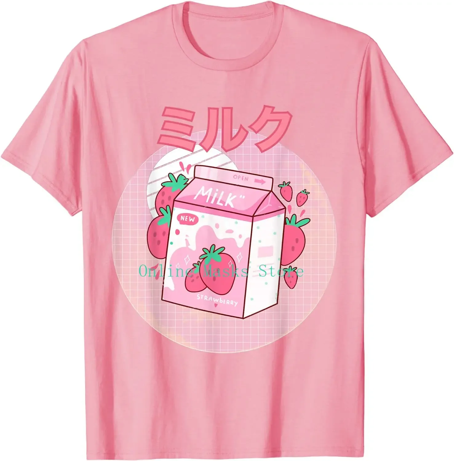 Carton Pink Funny  Strawberry Milk Shake Japanese Retro 90s T-Shirt Carton Men's Short-Sleeved Harajuku Graphic Oversized Tee