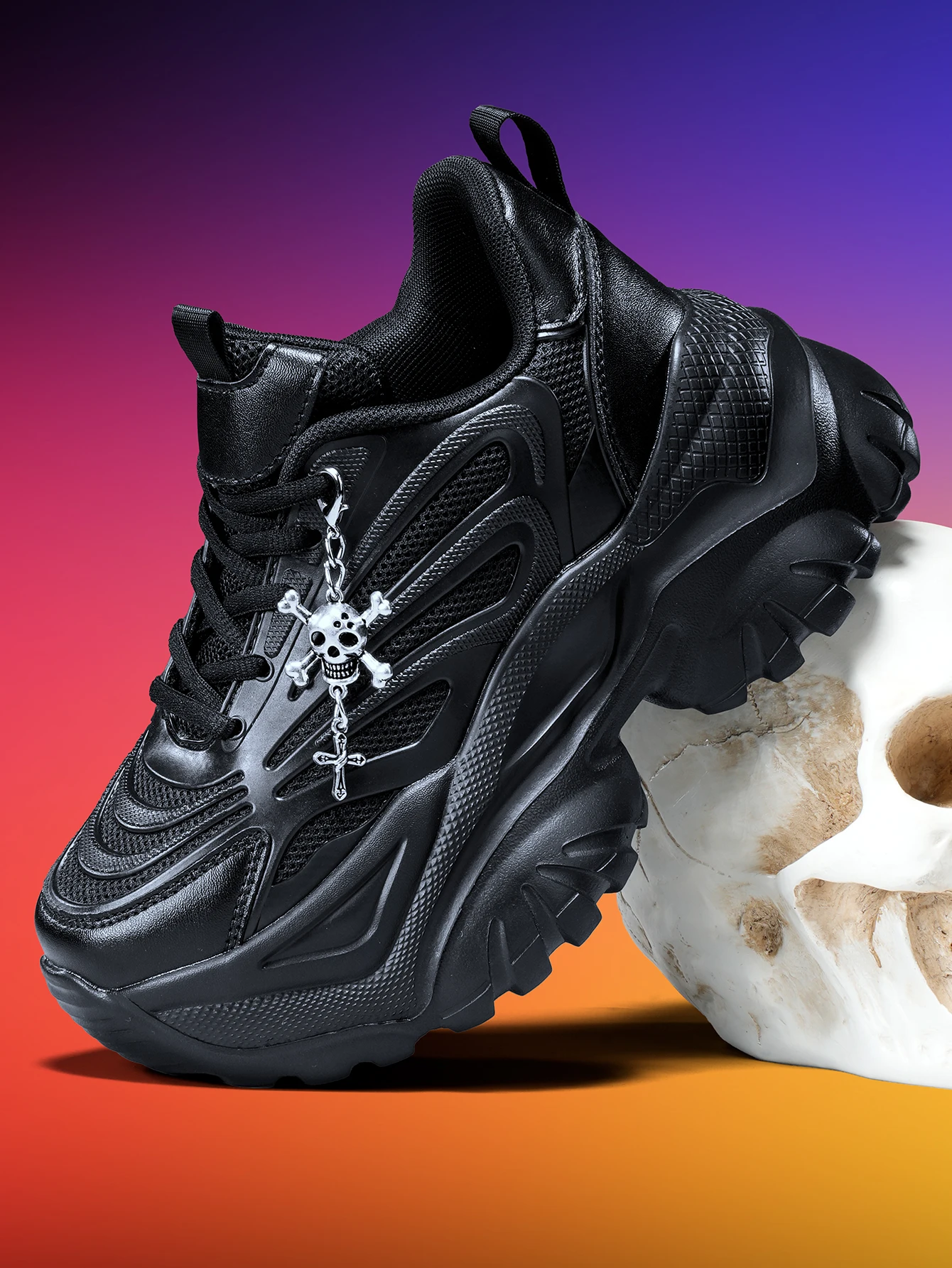 Damen-Outdoor-Allwetter-Modische Dad-Schuhe, Eva-Leichtgewicht-Sneaker mit dicker Sohle und 7 cm Absatzhöhe, orangefarbene Sportschuhe mit abnehmbarem silbernen Kreuz- und Totenkopf-Anhänger im Halloween-Punk-Stil, vielseitig einsetzbar für den täglichen Arbeitsweg und Fitness – Detail 5
