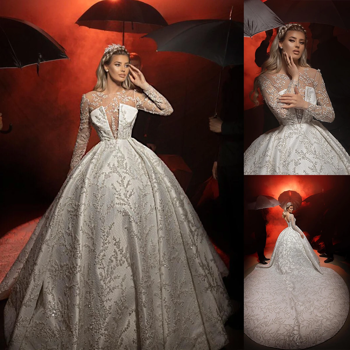 

Romantic Ball Gown Wedding Dresses O-neck 3D Applique Design Pleat Bridal Sweep Train Backless Lace Up Customized Robe De Mariée