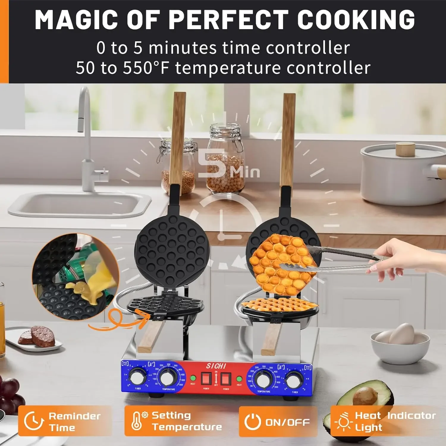 Waffle Maker Machine with 550℉Heating and Timer Control,7'' x 8'' Large Egg Pancake Double-sided Egg Waffle Maker with Nonstick,