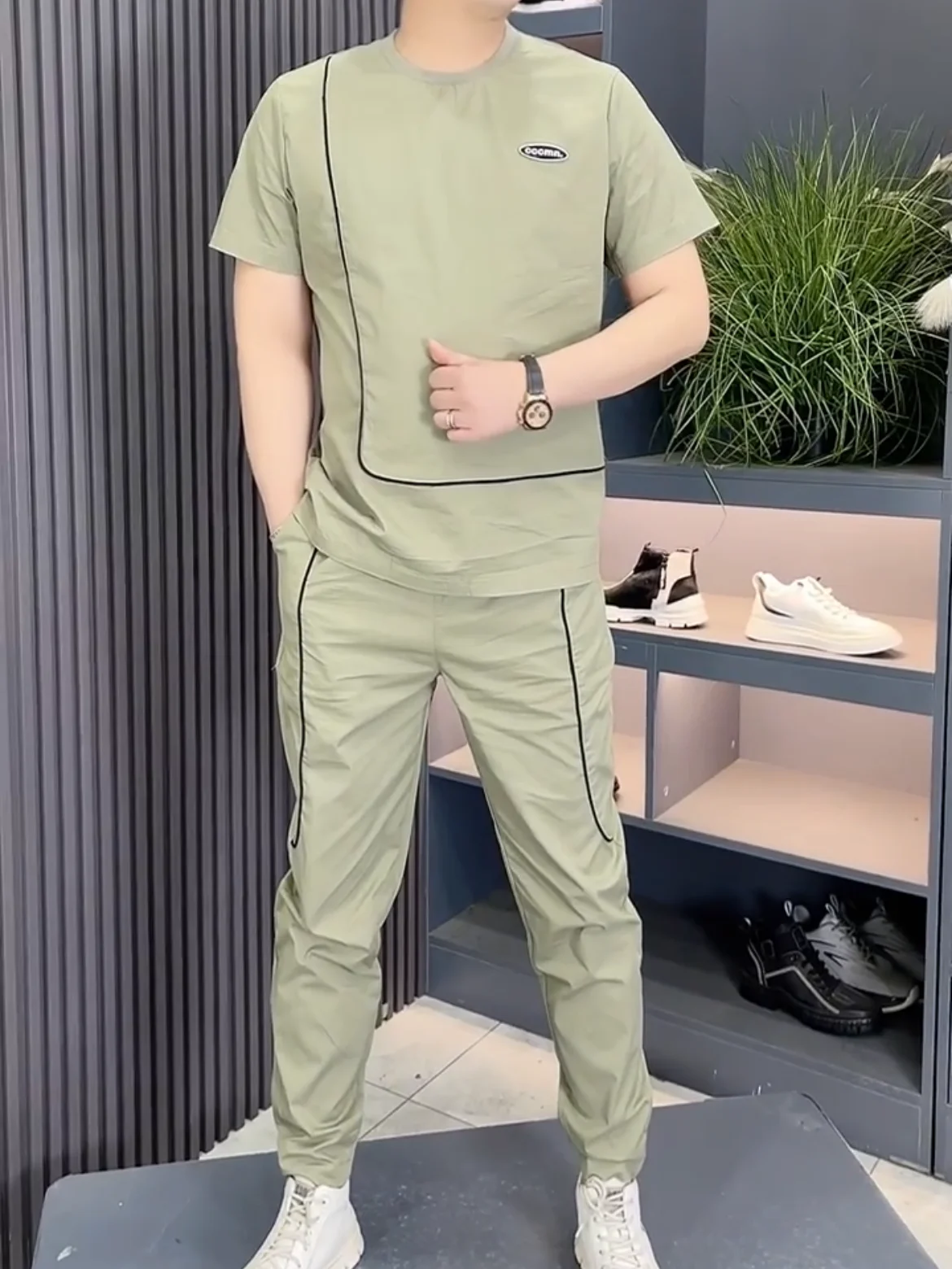 

Men's Summer Faion Spor Two-Piece Set Slim Fit Trendy f Sve T-irt Casual Wear Long Pants Youth Suitable