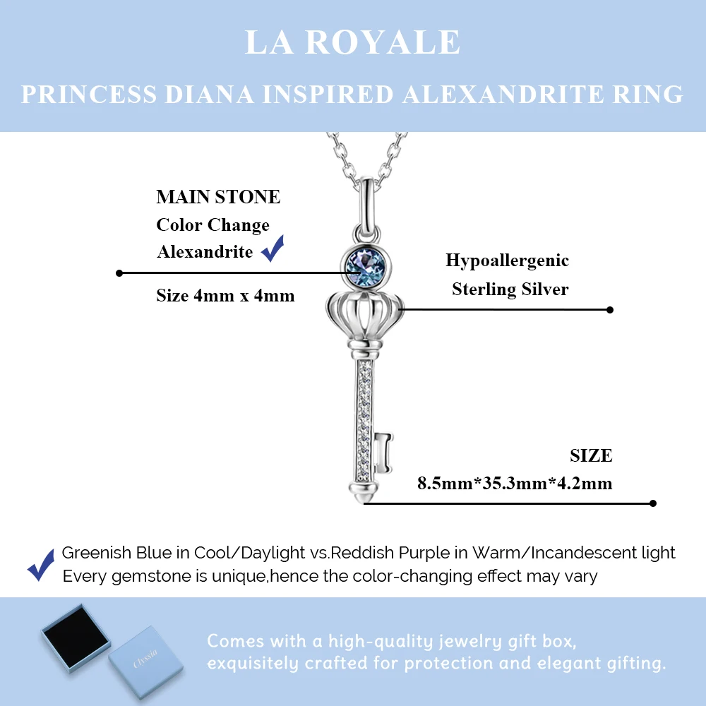 

Ювелирные изделия из стерлингового серебра 925 пробы для женщин: колье с подвеской в виде ключа-короны и камнем-хамелеоном (александрит) – свадебные украшения