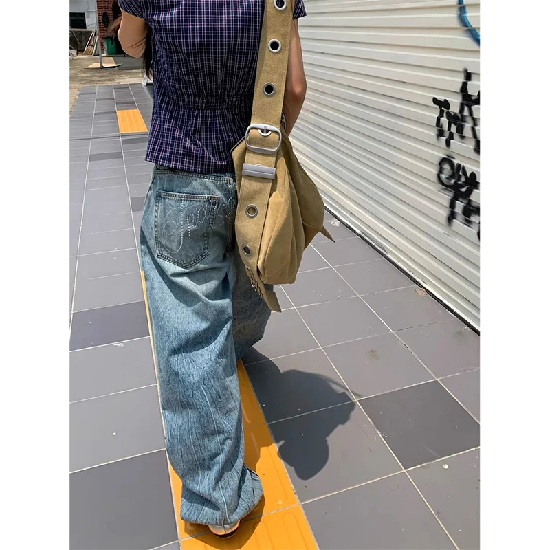 

Осень 202, винтажные синие мешковатые джинсы Y2k со стразами, женские джинсовые брюки-бойфренды в стиле Харадзюку, японские брюки 2000-х годов, одежда оверсайз