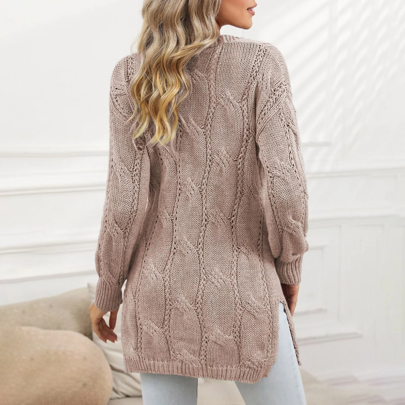 Women'S Mid Length Solid Color Knitted Sweater Cardigan With Pockets, Vertical Geometric Pattern Long Sleeved Autumn Jacket