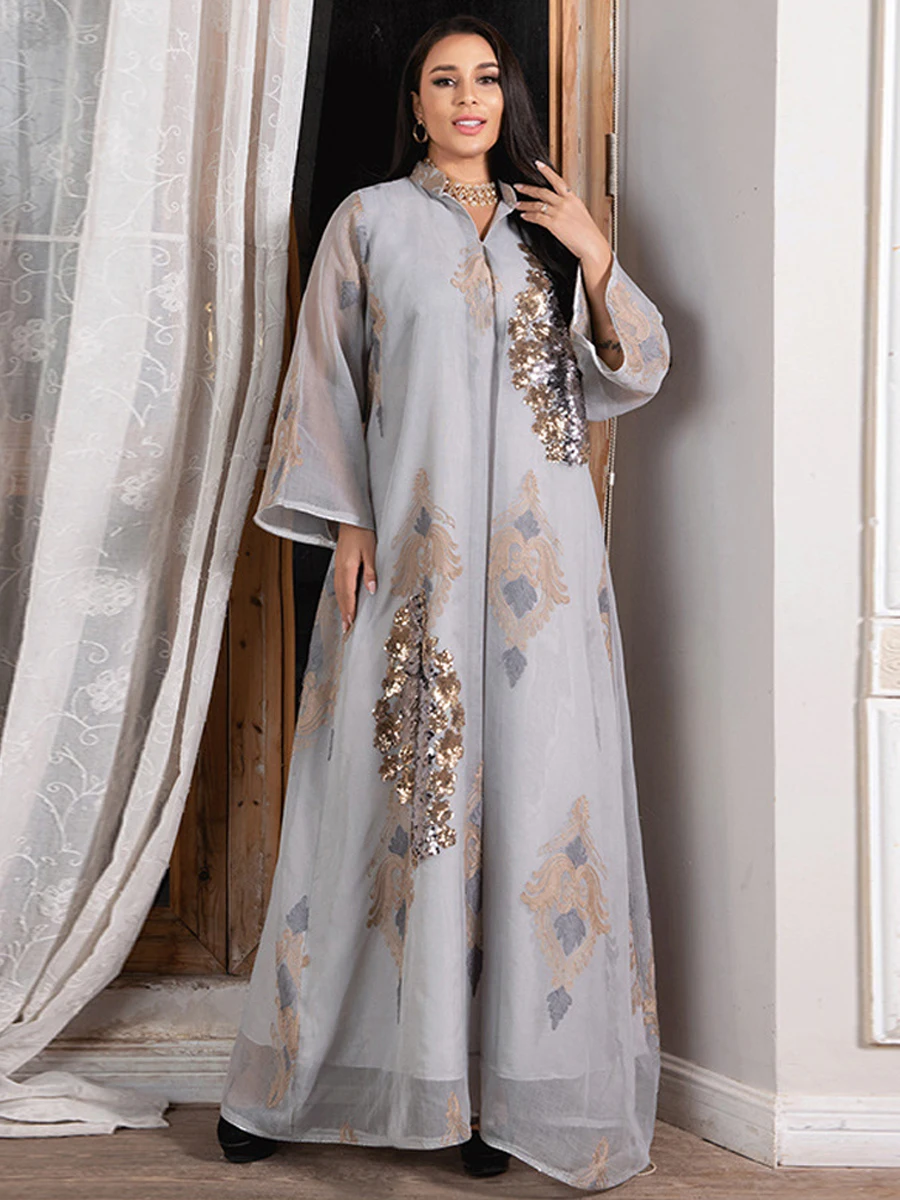 

Sequins Dubai Abaya Women Jalabiya Dress Imitation Linen Gold Embroidery Moroccan Caftan Evening Party Arabian Muslim Ramadan