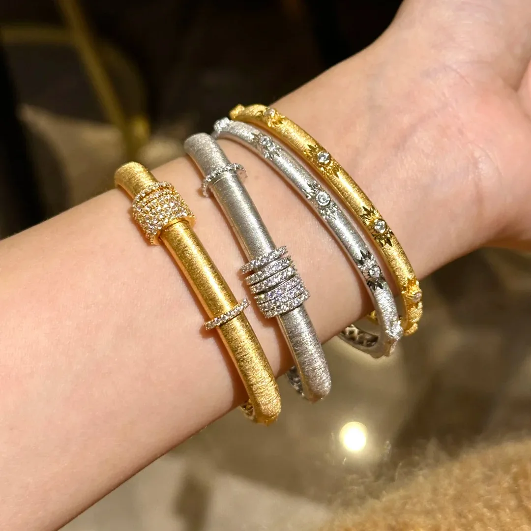 Italian Luxury Bracelet Bangles with Weave Pattern and Golden Carving