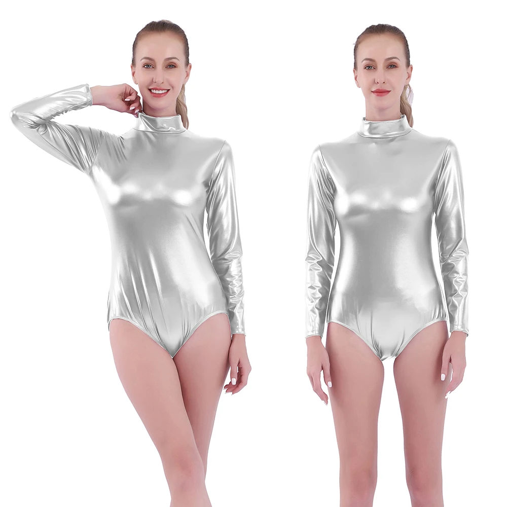 AOYLISEY-Collant Metálico Brilhante Manga Longa Feminina e Masculina, Bodysuits Ginástica com Gola Alta, Trajes de Estágio Elástico, Dança Ballet