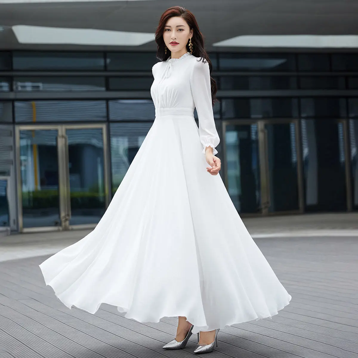 Summer New White Chiffon Dress Long Slim Fit and Slimming Big Swing Skirt Beach Long Skirt Elegant Women