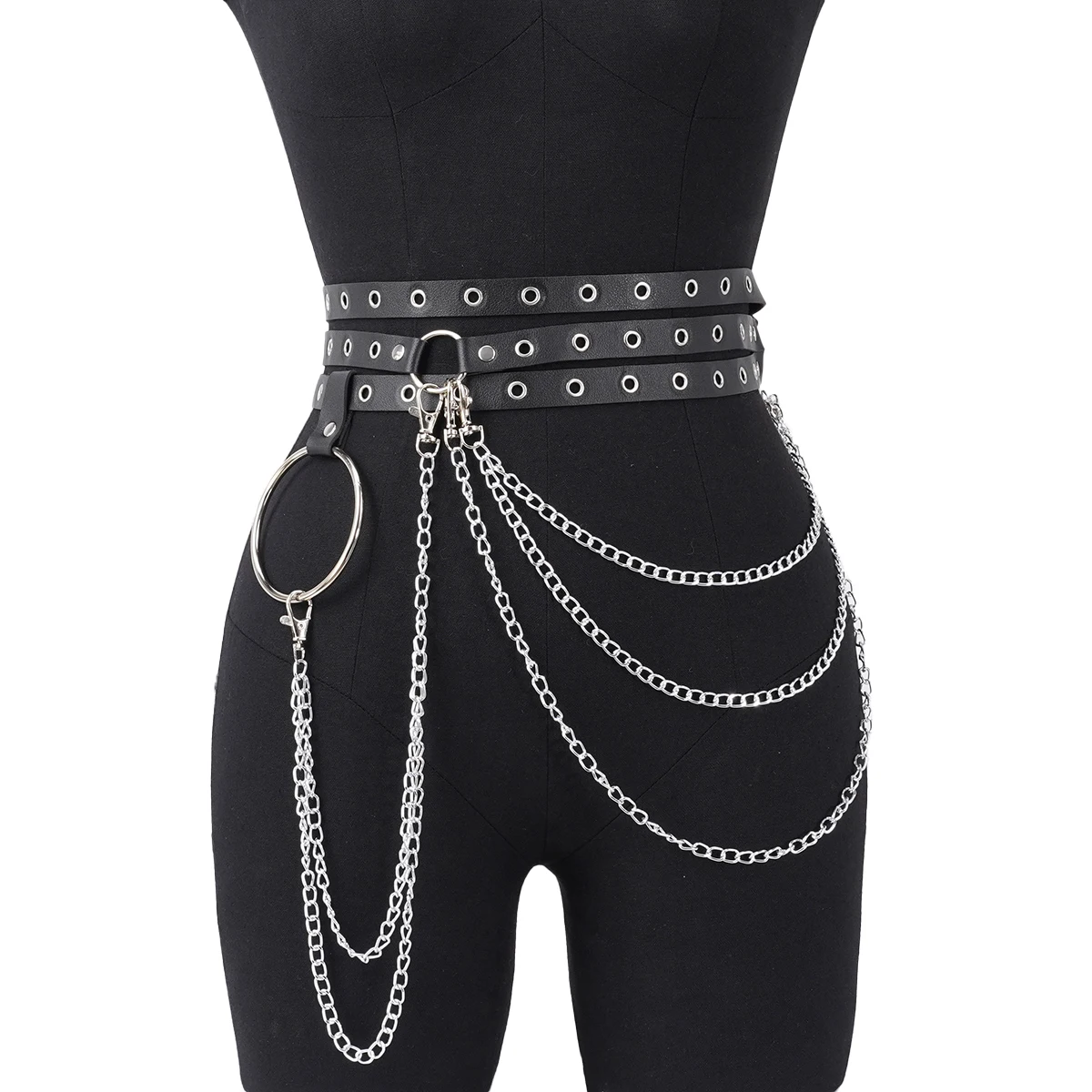 Modne paski damskie Punk Street Style Łańcuch na nogę Pu Leather Gothic Body Chain Harness wielopoziomowy pas biodrowy Odzież Akcesoria