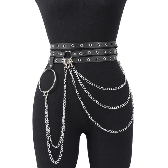 Modne paski damskie Punk Street Style Łańcuch na nogę Pu Leather Gothic Body Chain Harness wielopoziomowy pas biodrowy Odzież Akcesoria