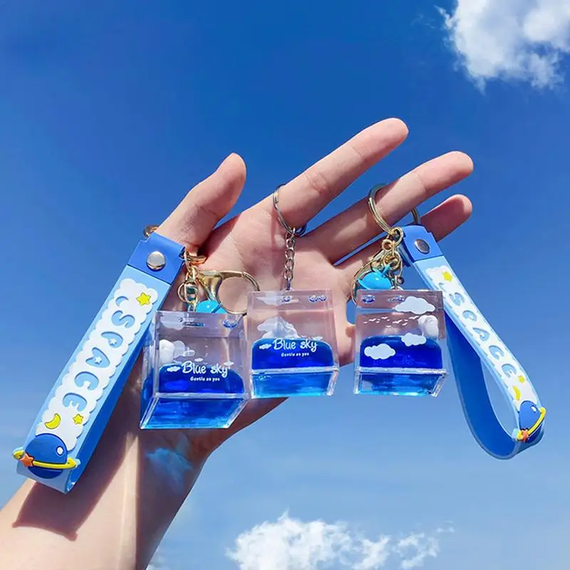 Cute Liquid Keychain Acrylic Square Floating Liquid Clouds Key Ring Keychain Toys Backpack Accessory For Girls Women Hang