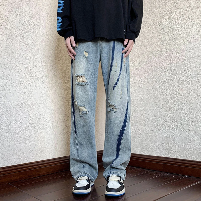 Jean Déchiré pour Homme, Style Hip Hop, Vintage, Punk, Denim, Fjzones, Harajuku, Mode Décontractée, Baggy, Y2K, Été