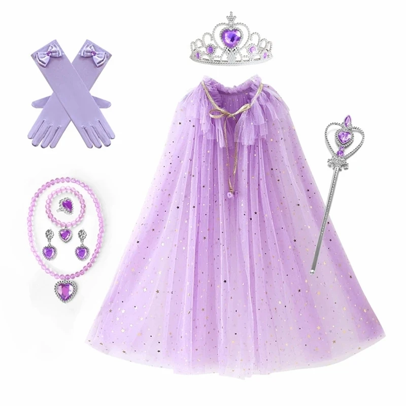 Girl Sequin Drawstring Cloak Elsa Dress Up Princess Accessories Aurora  Cape Crown Magic Wand Necklace Glove Set Cosplay Mantle