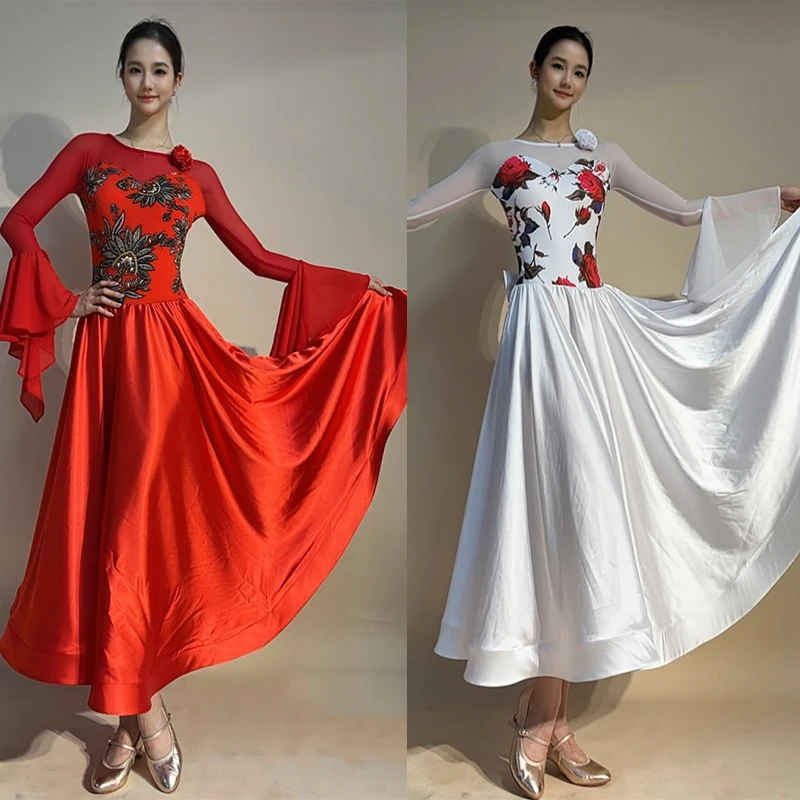

New Waltz Dance Dresses Women White Red Satin Long Dress Ballroom Dance Competition Clothing Prom Tango Performance Dress L19467