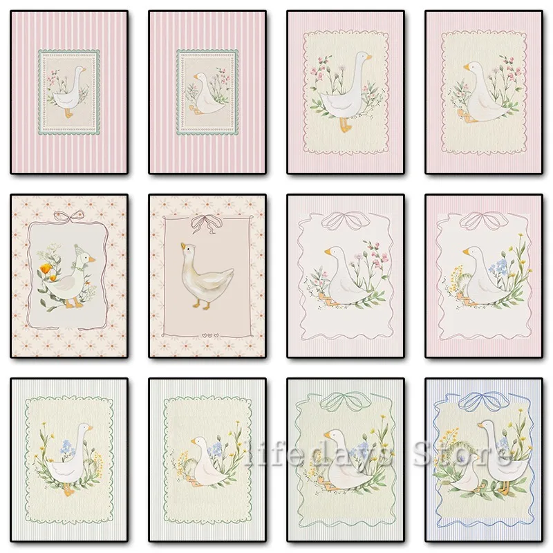 Vintage Silly Goose Floral Posters Prints Canvas Painting Animal Wall Art Pictures for Nursery Cottagecore Home Decor Kids Gift