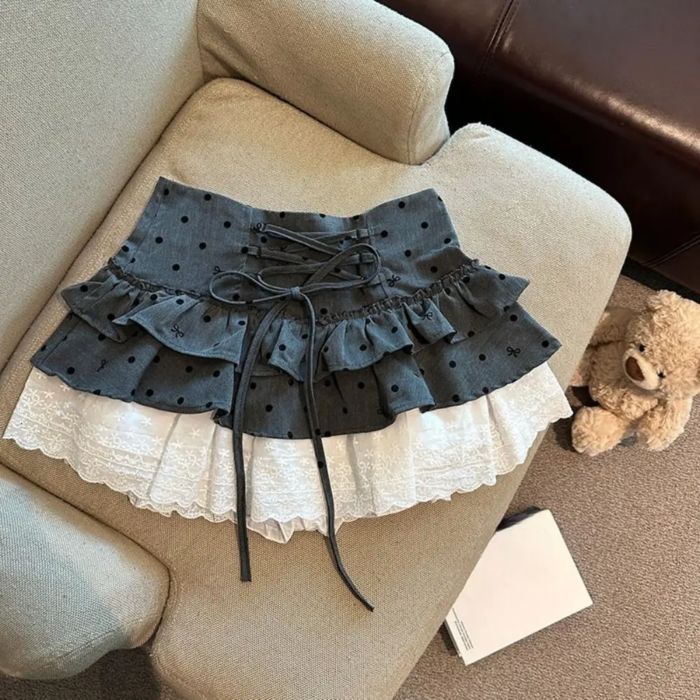 Fashion Sweet Short Puff Skirt Dot Lace A-line Cake Shirt Short with Safty Pants High Waist Flounce Short Skirt Streetwear