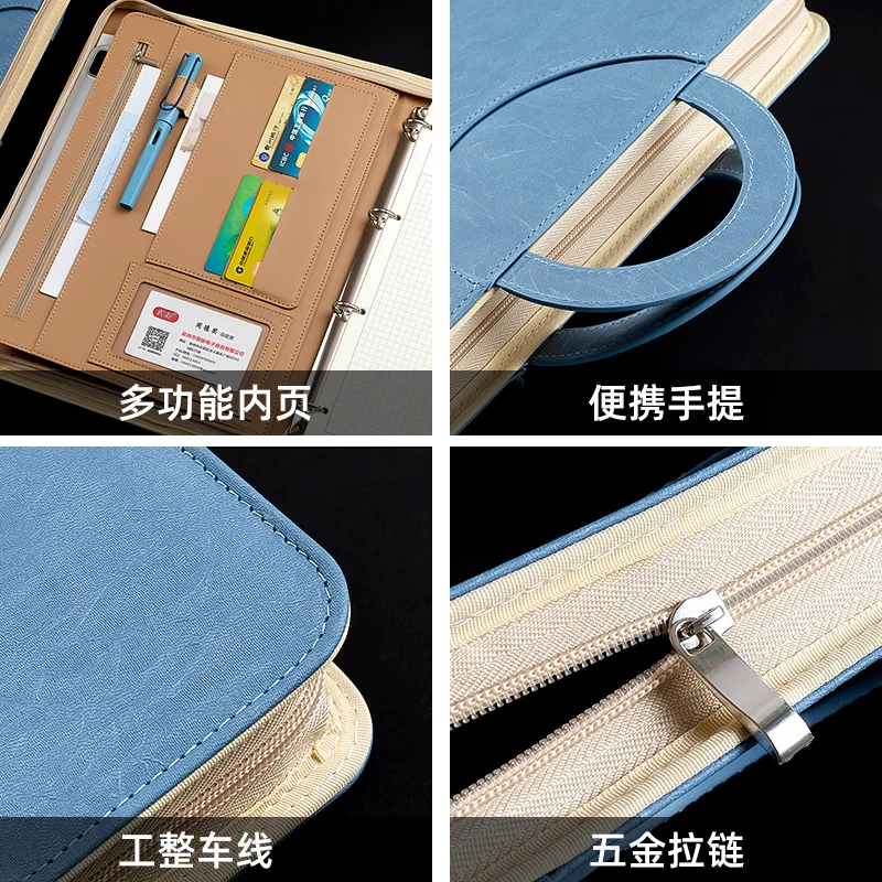 New A4 Magnetic Portable Zipper Folder, Multi-functional Leather Combination File Bag