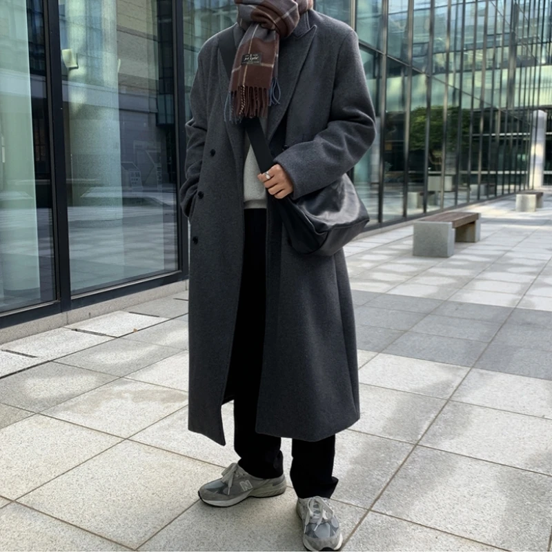 

YASUGUOJI Men Long Woolen Coat Winter Korean Fashion Overknee Thickened Double Breasted 2024 Solid Color Male Trench Coat Men