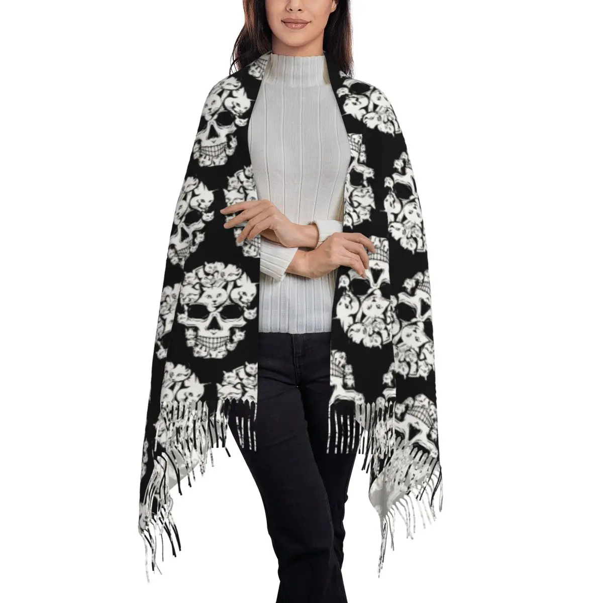 Halloween Funny Cat Skull Cat Min Scarf Tassel Scarves for Women Soft Warm Shawls and Wraps Long Fall Winter Shawl Wrap
