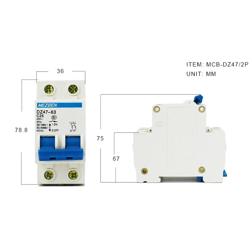 DC Circuit Breaker 16A 20A 25A 32A 63A Household 2P Air Switch Miniature Circuit Breaker Overload Protection Switch