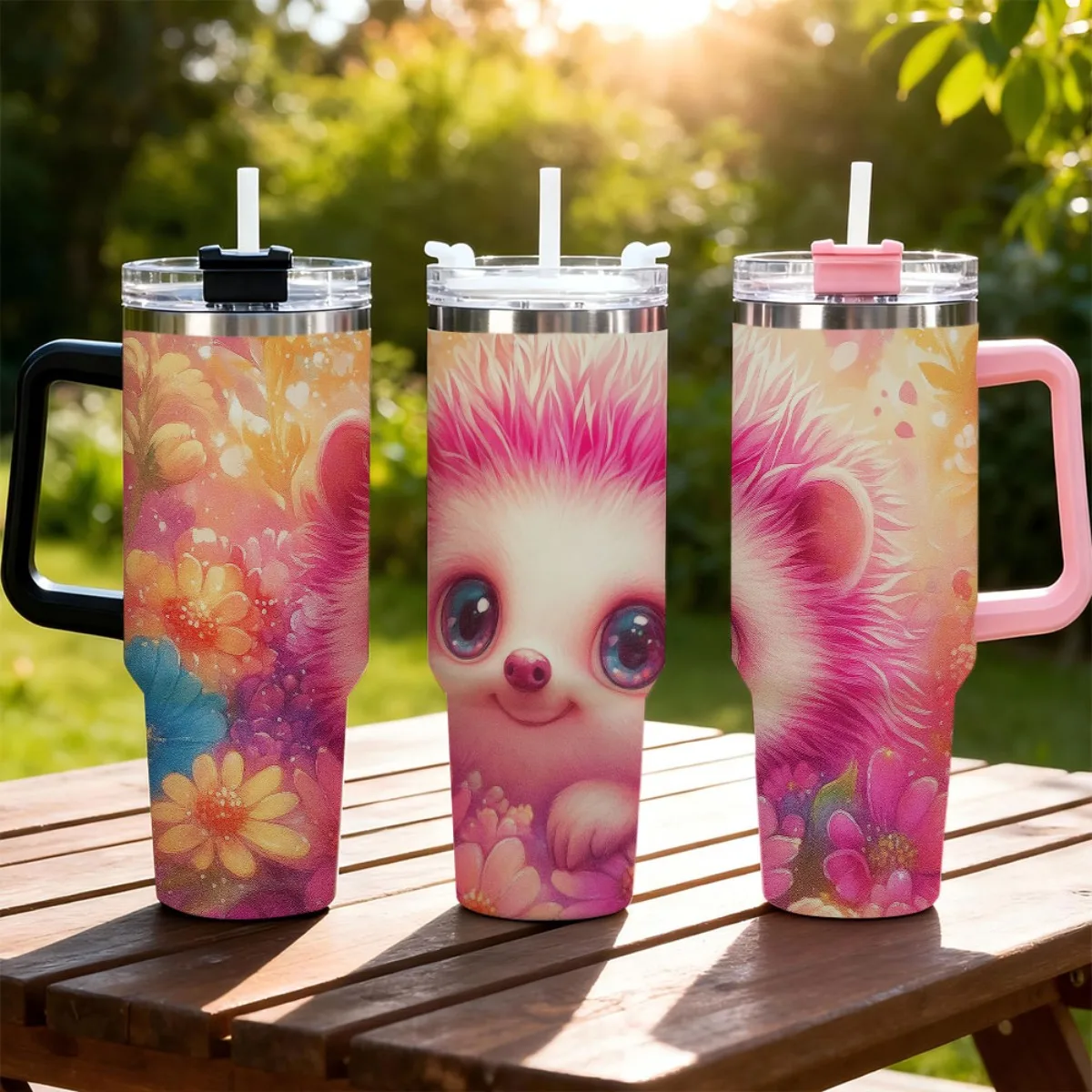 1pc 40Oz Adorable Hedgehog Floral Vacuum Cup Mug - Vacuum-Sealed Stainless Steel Water Bottle Featuring Straw & Handle, Leakproof Flip Top - Maintains Beverage Temperature for Hours in Pastel Pink, Blue, Purple, Yellow, And Orange