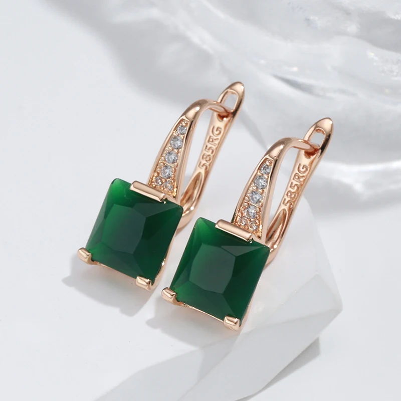 Kinel New Emerald Square Cut Zircon Promise Earring for Women Luxury 585 Rose Gold Wedding Jewelry Party Daily Dangle Earrings