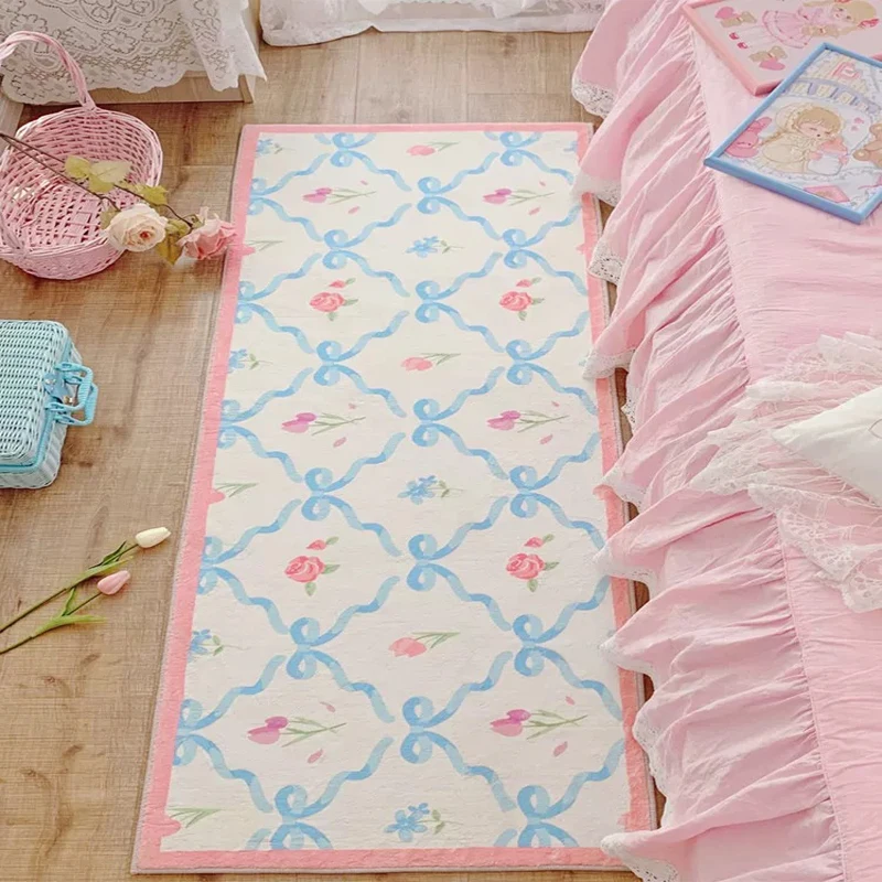 Bedroom Bedside Rug Soft Fluffy Comfortable Floor Mat Pink Floral Long Strip Carpet Sweet Girl Home Decoration Carpets Alfombra