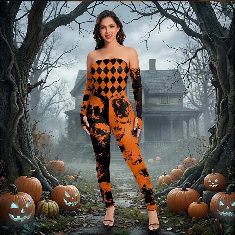 

Women Bandeau Skeleton Jumpsuit Costume Printing Bodysuit Leotard Stage Performance Outfits for Adults Halloween Carnival Party