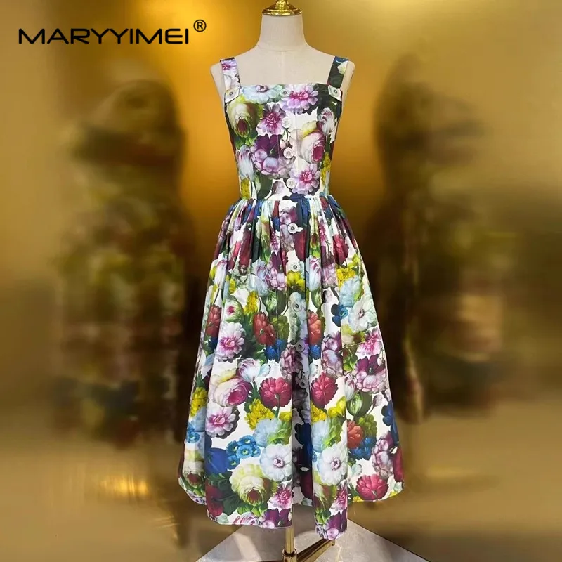 MARYYIMEI New Fashion Women's Vintage Printed Poplin Slip Dress Summer Button-Decorated Floral Woven Cotton Strapless Dress