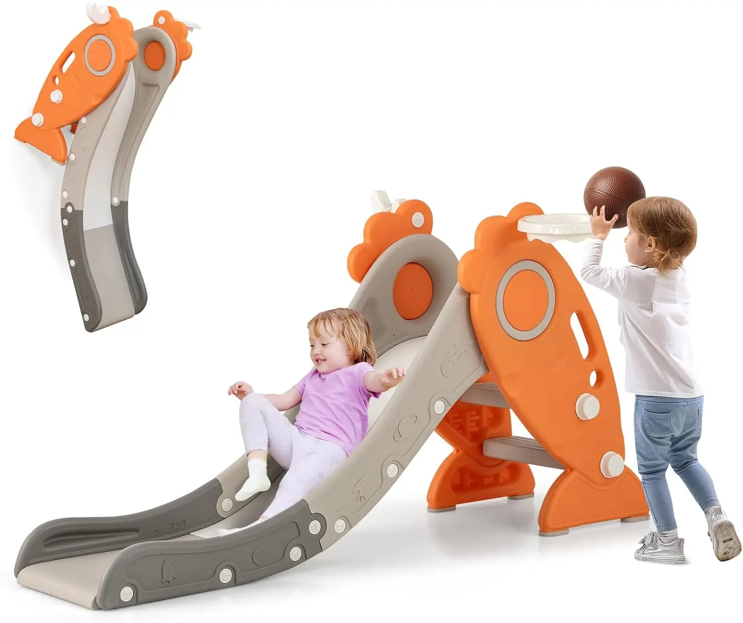 

Toddler Slide, 4 in 1 Freestanding Slide for Kids, Indoor Outdoor Playset Gym w/Basketball Hoop & Ball, Ring Toss, Ladder Climbe