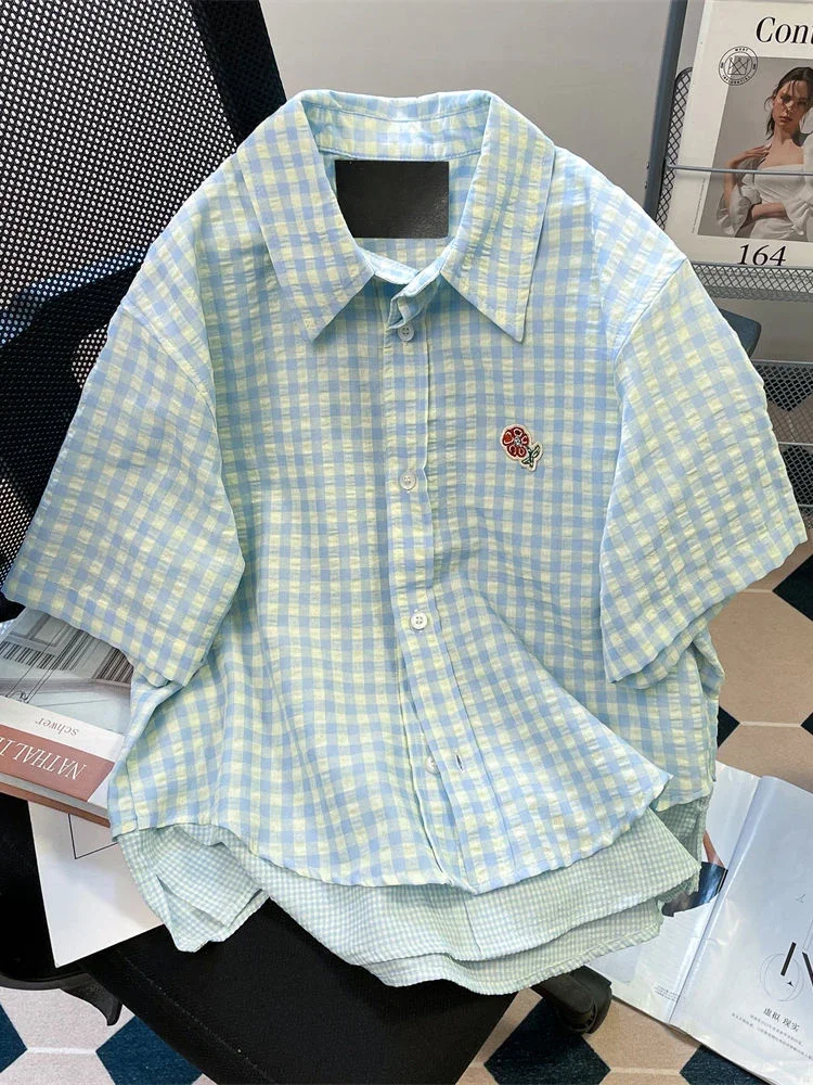 Camisa informal a cuadros Vintage para mujer, blusa bonita de verano de manga corta holgada dulce, Tops coreanos Retro con retazos florales