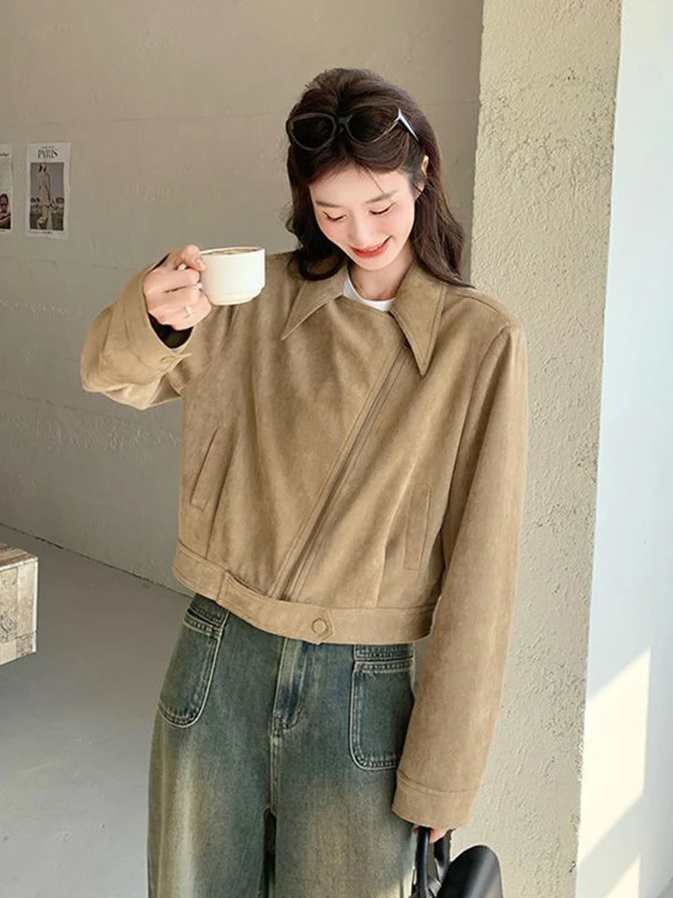 

Zoki Ретро Байкерская куртка из искусственной замши Женская осенняя повседневная тонкая короткая куртка с длинным рукавом Уличная одежда Американский хип-хоп Топы в стиле Харадзюку Новинка