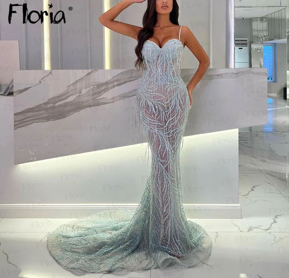 

Illusion 2023 Beading Party Dress Spaghetti Straps Luxury Prom Dresses Celebrity Influencer Dress Custom Made Dubai Robe Soirée