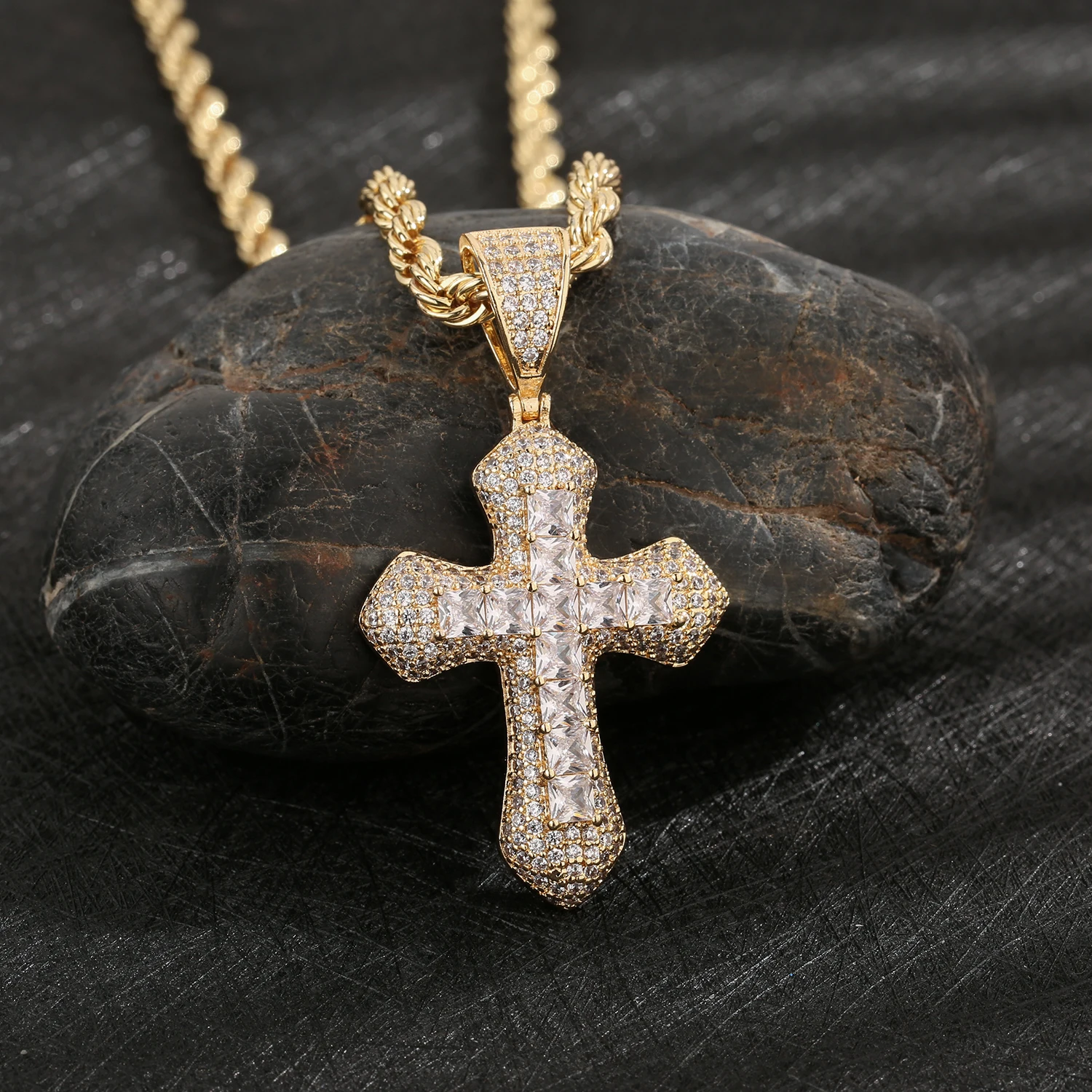 VCT Street Fashion Hip Hop 14k Gold Plated Solid Color Cross Cubic Zirconia Copper Pendant and Necklace Free Shipping