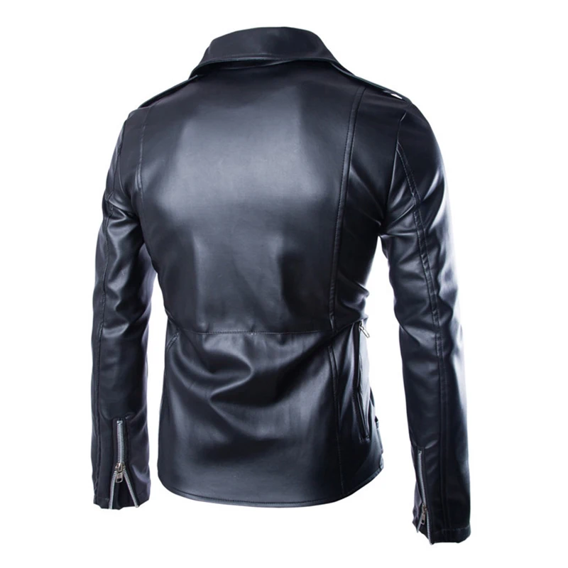 Chaqueta de motocicleta de PU para hombre, abrigo ajustado de piel sintética con solapa y muescas, con múltiples cremalleras, color negro