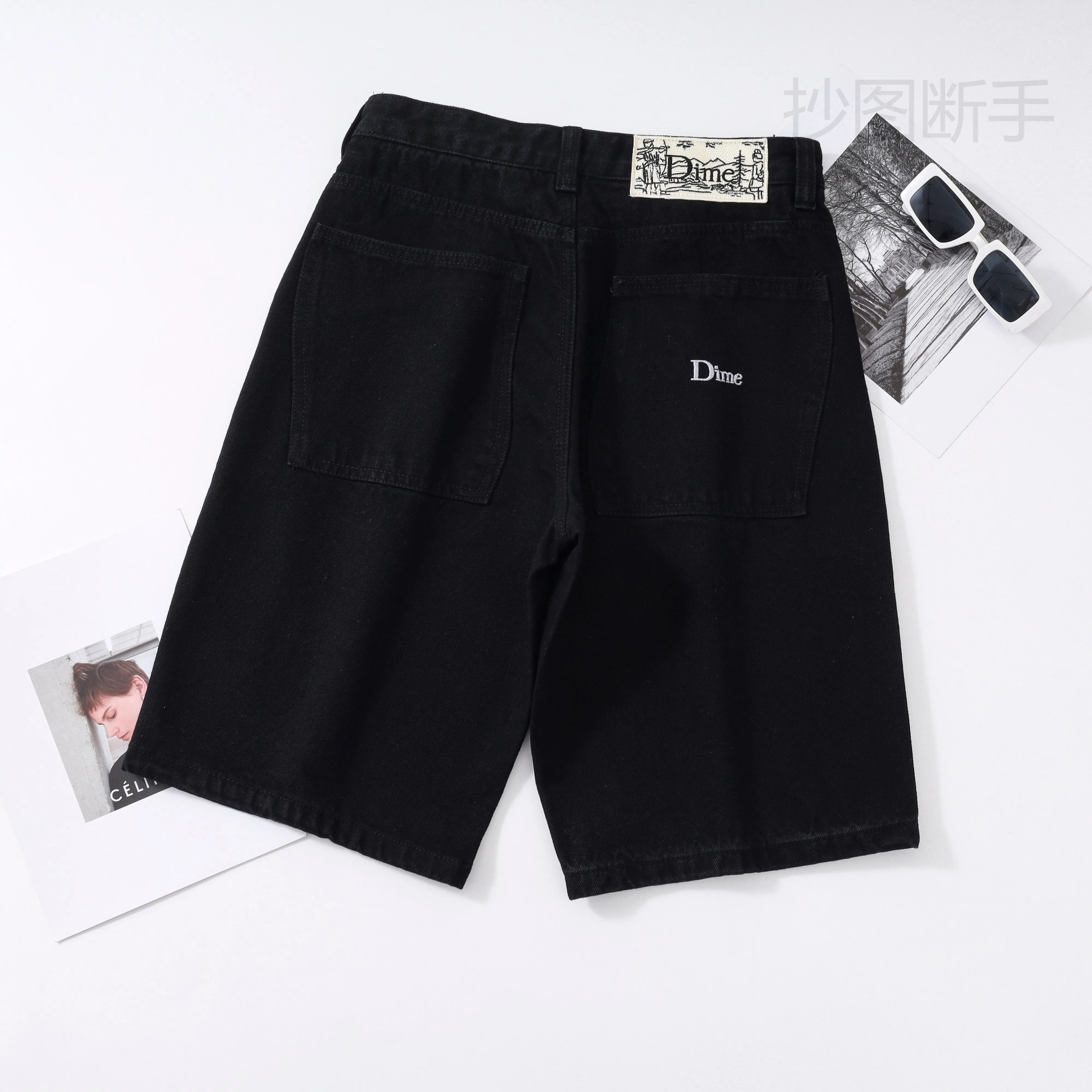 

Y2K Traf Dime Men's Short Skating Shoes Loose Short Embroidered Denim Simple Corners Men's Jeans Inkless Hot Pants Men's Jeans