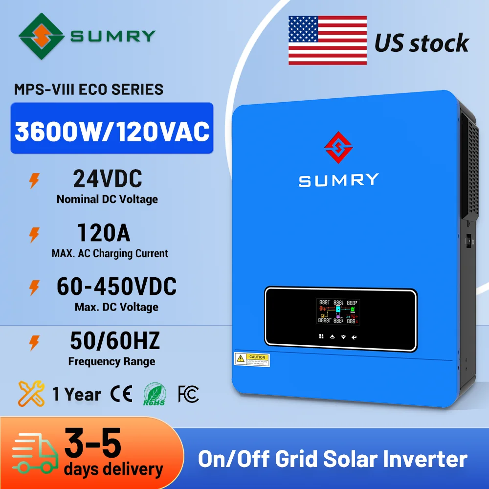 Sumry 3.6kw onduleur solaire hybride 110/120v 24v double sortie avec MPPT 120A 60-450v 50/60hz onduleur domestique onde sinusoïdale Pure