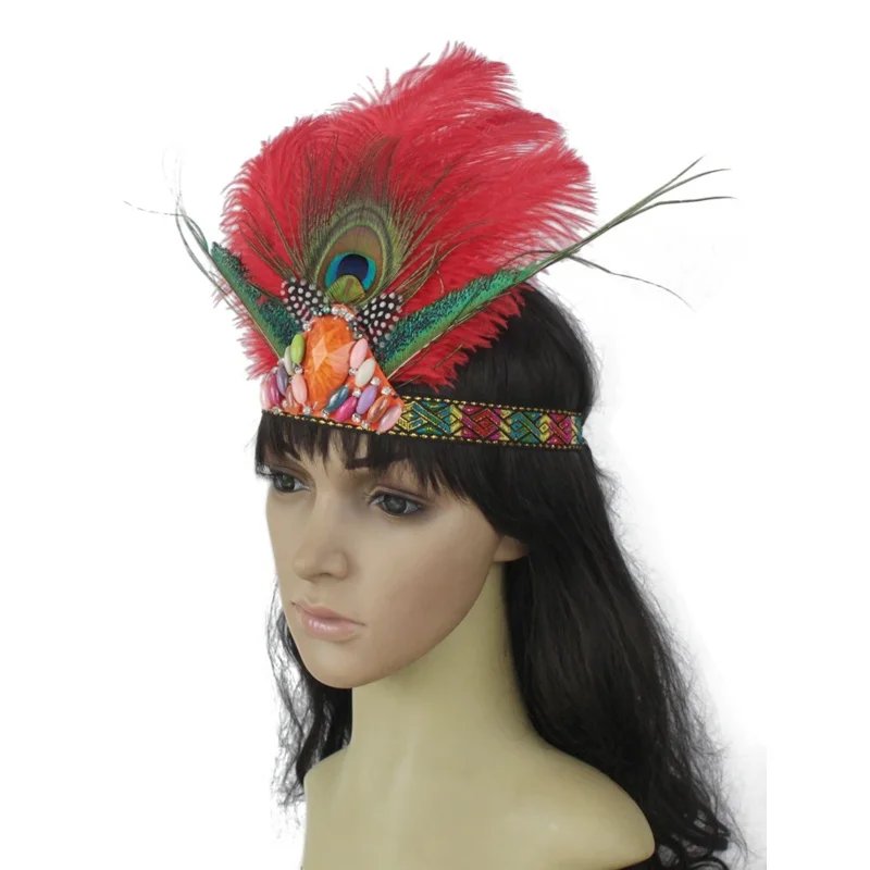 Red Samba Feather Headband Women Festival Feather Headband Hippie Headdress Hair Accessories Peacock Feather Fashion Headdress X