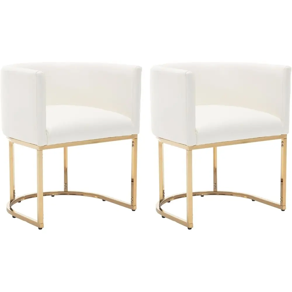 

Leather Barrel Back Upholstered Dining Chairs, Padded for Comfort, Gold Metal Legs, Set of 2, White