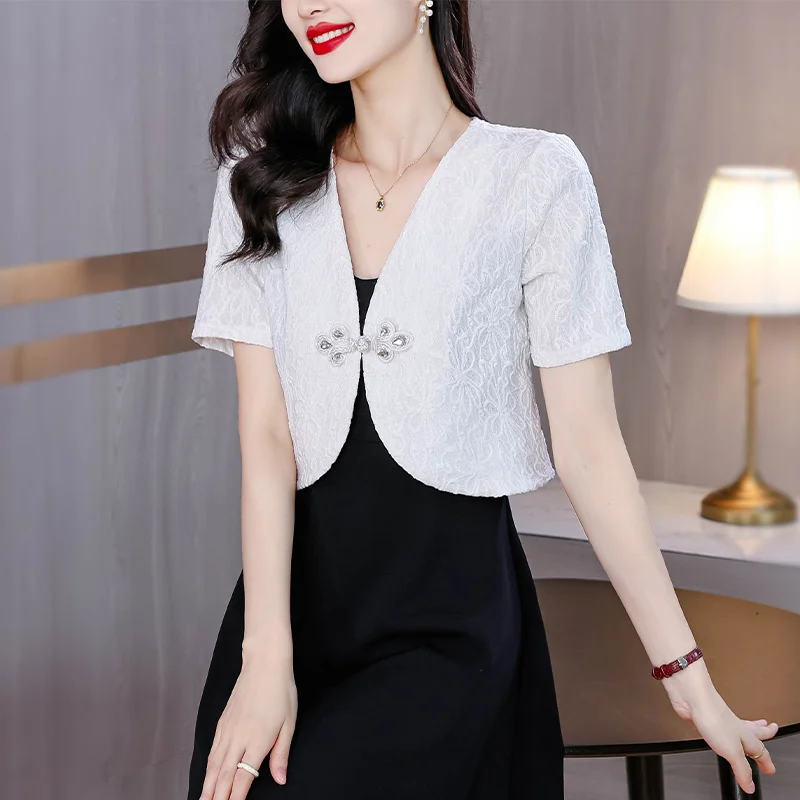 Summer Short Sleeve V-Neck Black White Women Jacket Chinese Style Jacket Coat Women Blusas Mujer De Mode 2024 Verano Blusa H616