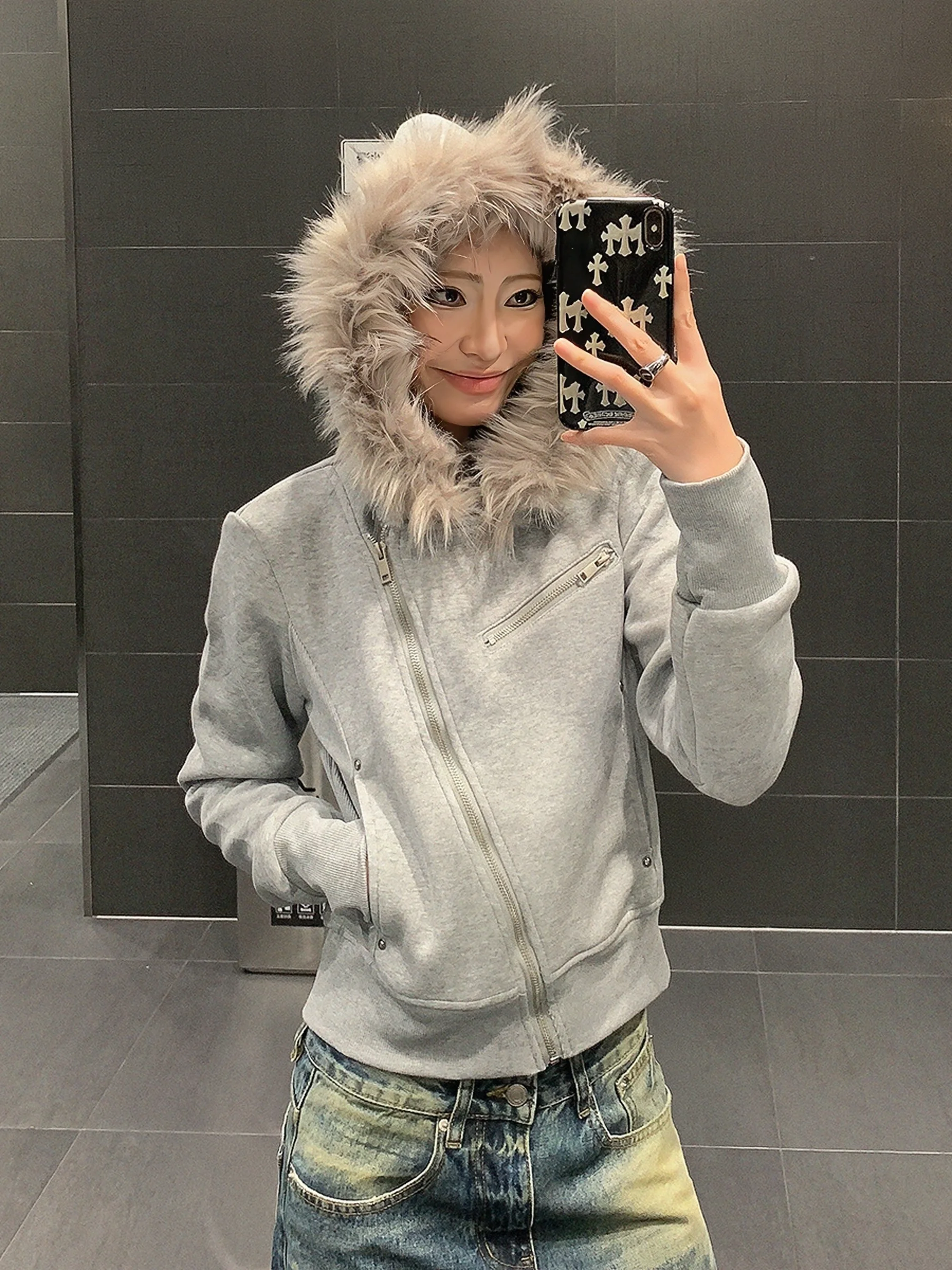 

Куртка USKM Sli с капюшоном и молнией, женская приталенная укороченная куртка с меховым воротником, осенне-зимняя уличная одежда