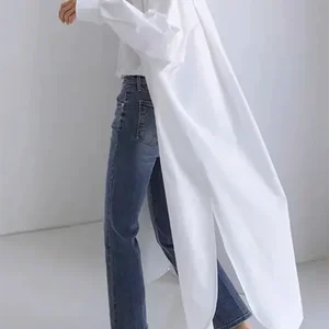 Frauengräben mit Reverskragen, Baumwollhemd, festes weißes Oberteil, langen Mäntel, lässig, Sommer, 2024 6 Hauptverkäufe Trenchcoat Weiß - №1