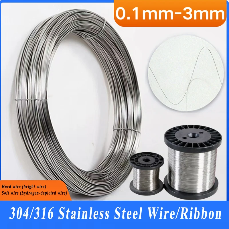 1PCS Standard 304 Stainless Steel Strand Medium Hard Fine Wire Soft Single Wire 0.1-2mm Diameter 1-10m Length for Jewelry Making