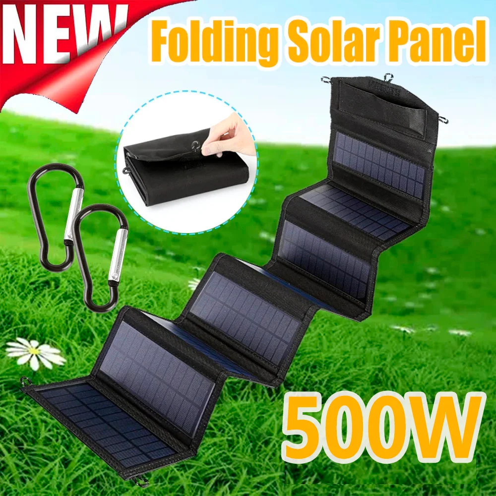 500W Solar Panel Folding Charger IP65 Waterproof USB Solar Power Charger with 2 Hooks and 1 Adapter Lightweight Outdoor Power