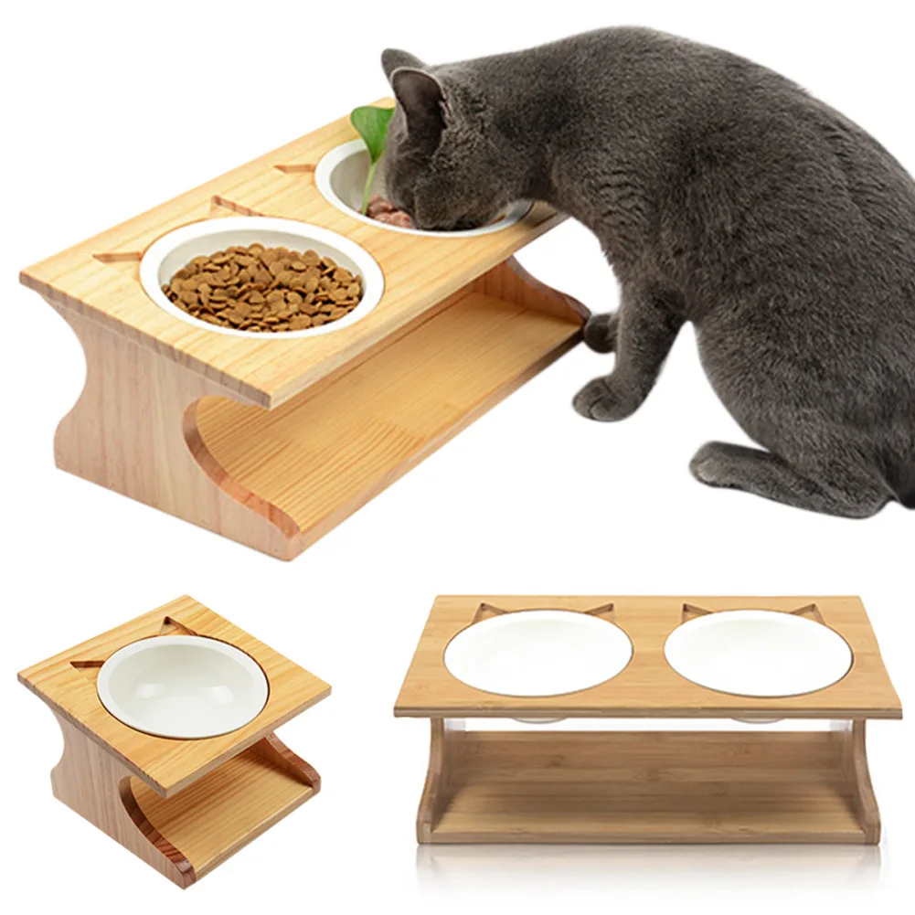 Elevated Tilted Pets Bowls with Wooden Stand Pet Feeder for Pet Cats Dogs Pets 1/2Bowls Elevated Tilted Wooden Stand Durable
