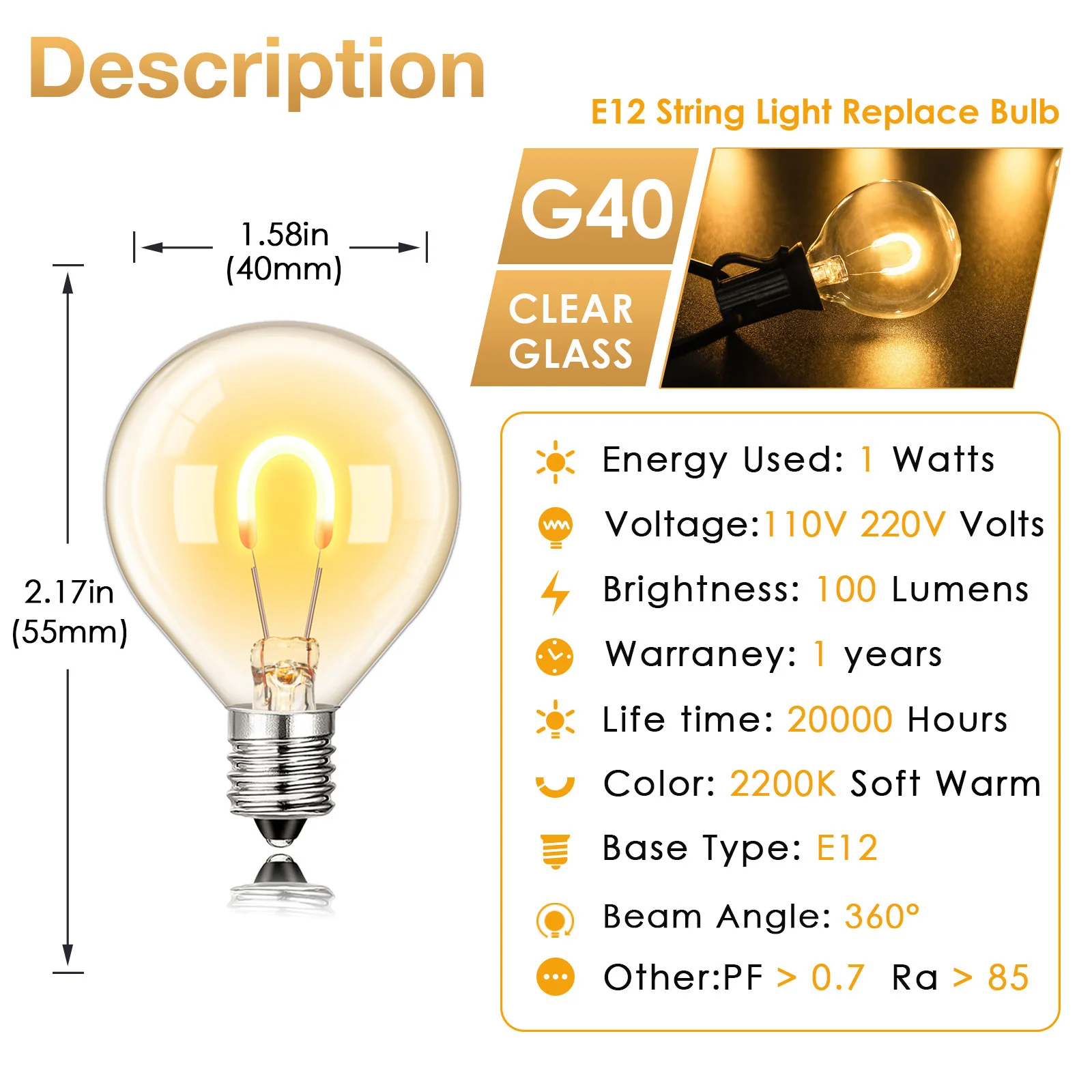 10PCS 1W G40 Outdoor String Light Replace Bulb E12 Spiral Led Filament Vintage Clear Glass Dimmable Christmas Decor Globe Bulb