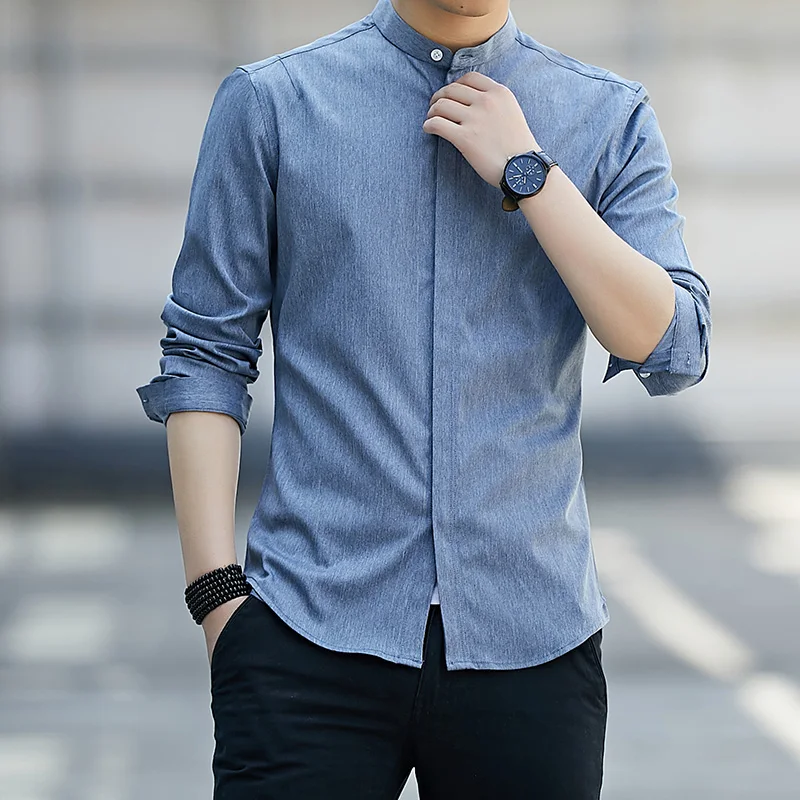 Camisas coreanas de cuello alto para hombre, ropa informal de manga larga de un solo pecho, Color sólido que combina con todo, primavera y otoño