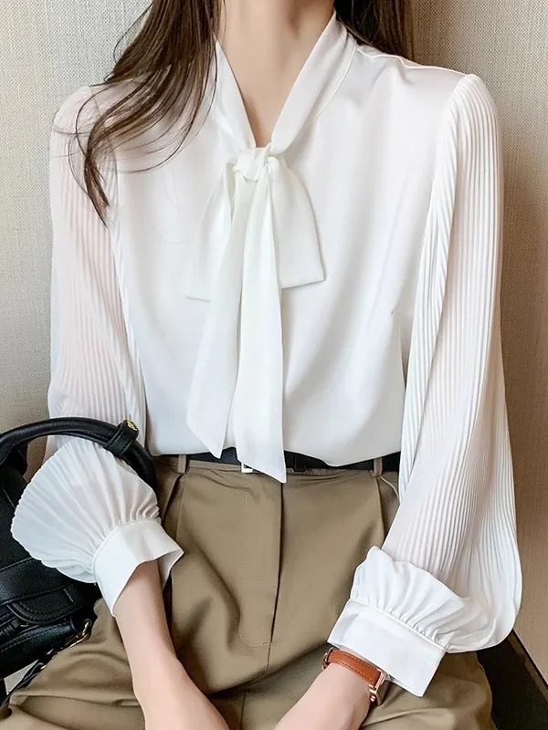 

White Knot Loose Long Sve Chiffon irt Women's Spring Autumn New Sle Floating Collar Faionable Busin irt