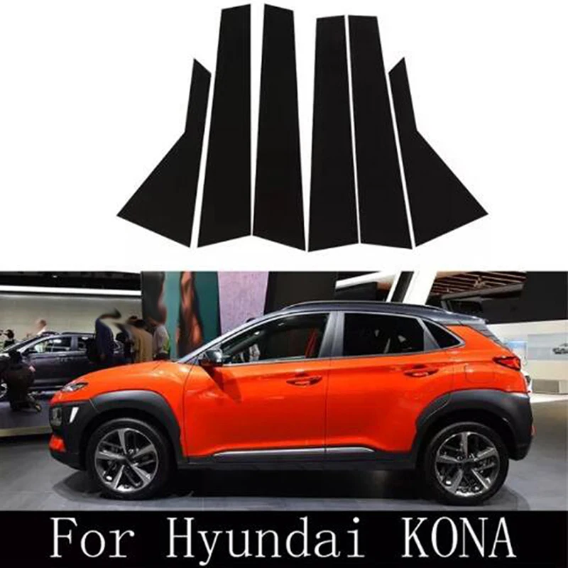 6pcs Set Fits for Hyundai Kona Encino 2018-2023 Glossy Black Pillar Posts Door Side Window Trim Cover Decal Stickers Decoration